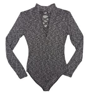 Charlotte Russe Gray Lace-Up Mock Neck Knit Bodysuit